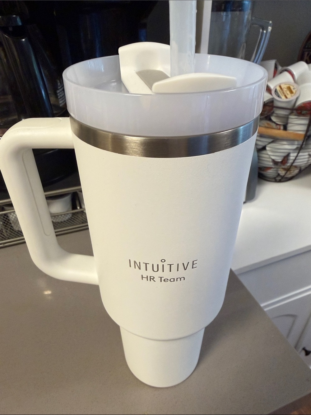 Stanley White Travel Tumbler with Handle and Stainless Trim - Picture 4 of 6